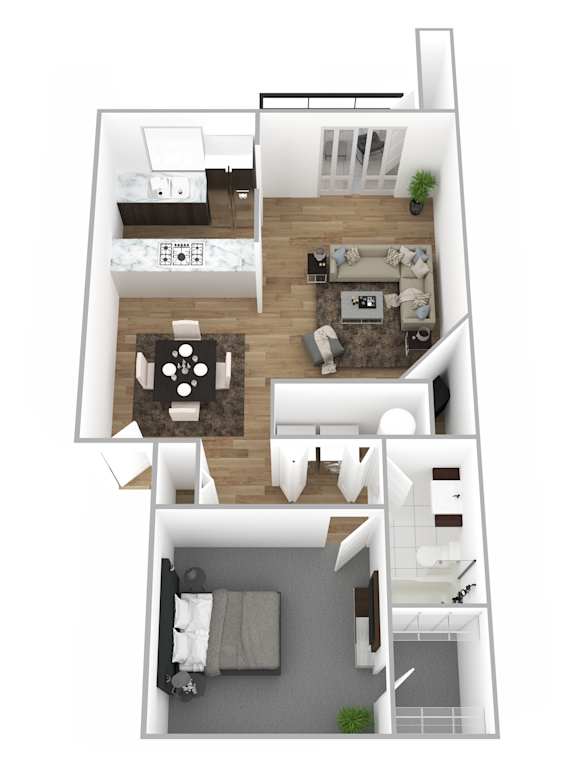 A floor plan of a two-story apartment with a living room, dining room, kitchen, and bedrooms.