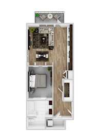 A floor plan of a small apartment with a kitchen, living room, and bathroom.