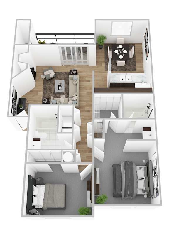 A floor plan of a house with a living room, dining room, kitchen, and two bedrooms.