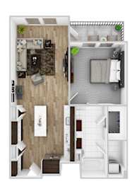 A floor plan of a small apartment with a living room, kitchen, and bathroom.