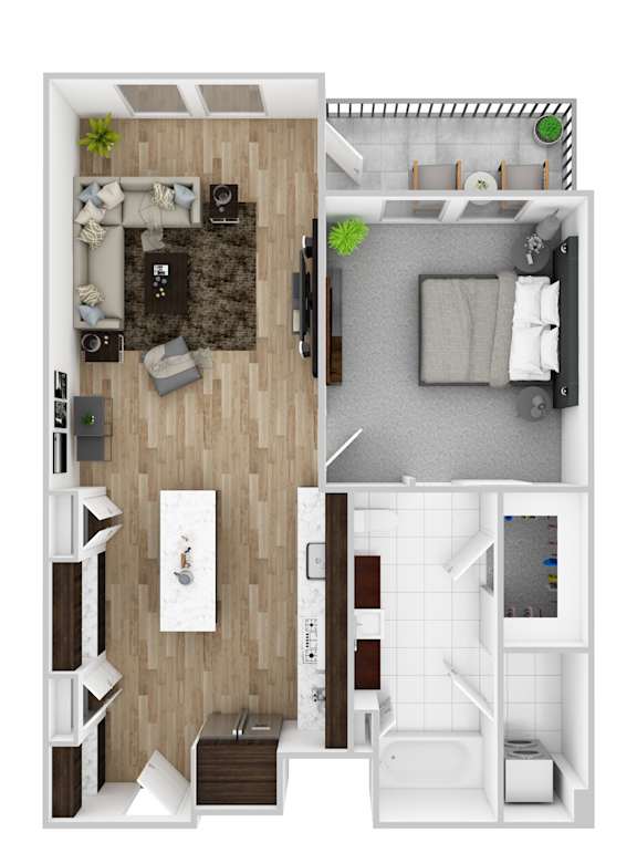 A floor plan of a small apartment with a living room, kitchen, and bathroom.