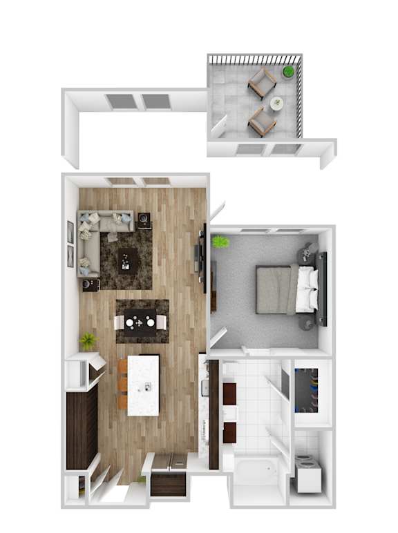 A floor plan of a small apartment with a kitchen, living room, and bathroom.