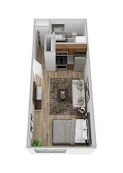 A top down view of a small apartment with a living room, kitchen, and bedroom.