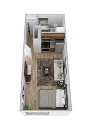 A top down view of a small apartment with a living room, kitchen, and bedroom.