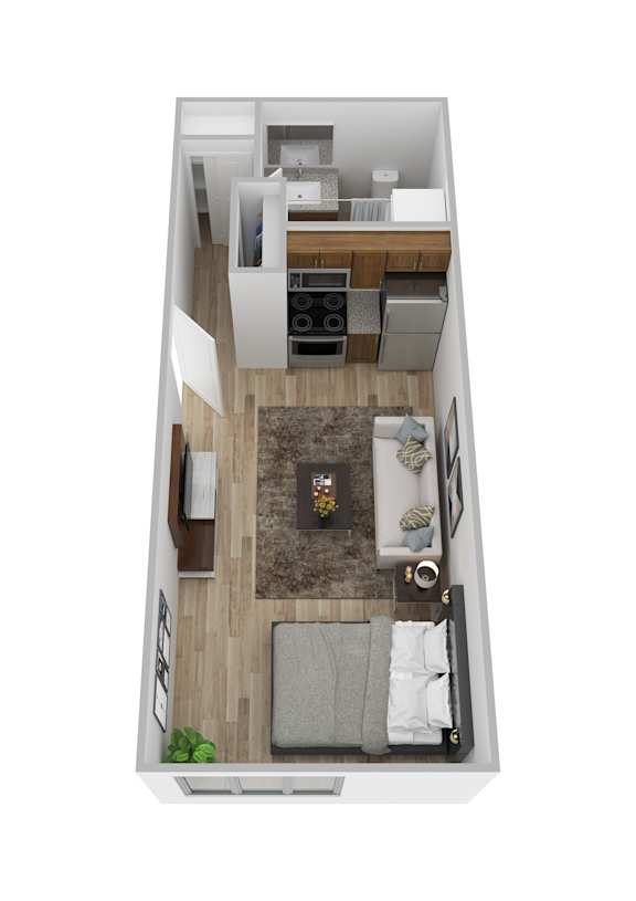 A top down view of a small apartment with a living room, kitchen, and bedroom.