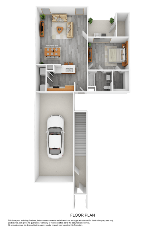 A car is parked in a garage attached to a house.