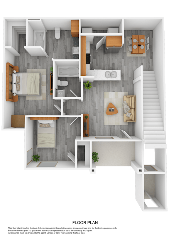A top-down view of a house layout with two bedrooms, a living room, a kitchen, and a staircase.