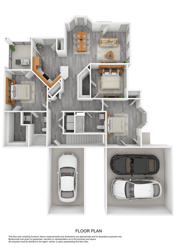 A top-down view of a house with two cars parked in the driveway.