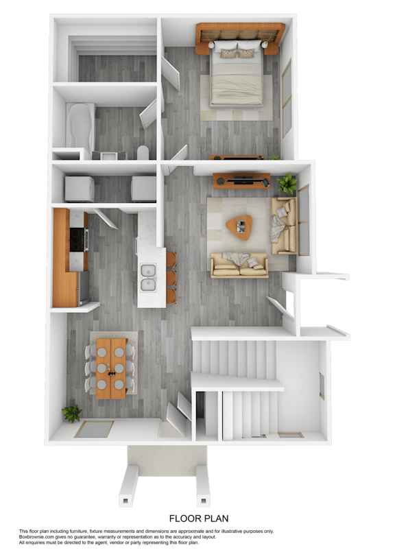 A 3D floor plan of a small apartment with a kitchen, living room, and bedroom.