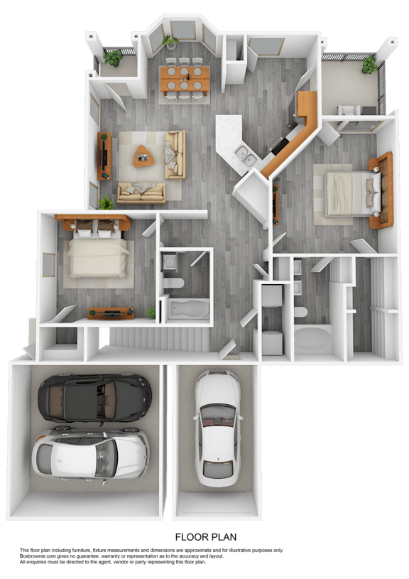 A 3D floor plan of a house with two bedrooms, two bathrooms, a living room, a kitchen, and two parking spaces.