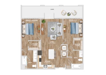 B2B Floor Plan 2 Bed 2 Bath 1,244 Sq. Ft. at Hawkins Press Apartments,Charlotte, NC