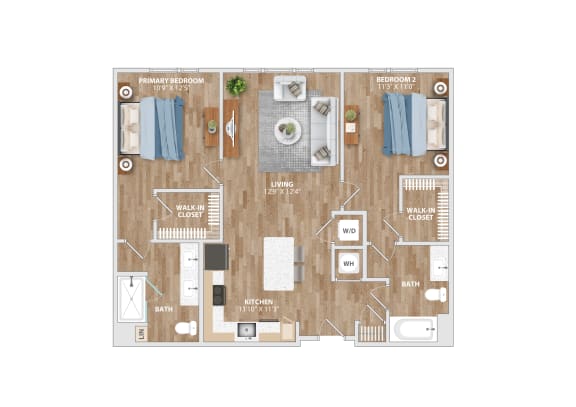 Floor Plan  B1B Floor Plan 2 Bed 2 Bath 1,096 Sq. Ft. at Hawkins Press Apartments, Charlotte, NC 28203