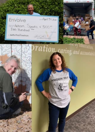 a collage of photos of people at a disability caring and accounting event