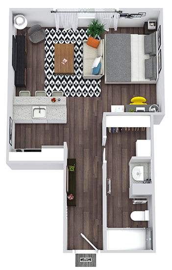 The Leigh 3D studio apartment with kitchen that opens into living and flex space. One Bathroom with linen storage and closet.