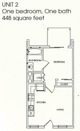 One Bedroom One Bath Floor Plan at Williamsburg Apartments, Grand Prairie, 75051