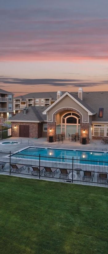 aerial view of pool and spa during sunset at The Preserve at Rock Springs in Rock Springs, Wyoming