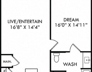 The Heritage. 1 bedroom apartment. Kitchen with island open to living room. 1 full bathroom. Walk-in closet. Patio/balcony.