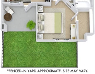 Madrid + Fenced-in Yard. 1 bedroom apartment. Kitchen with bartop open to living/dinning rooms. 1 full bathroom. Walk-in closet. Patio/balcony open to yard. External storage.