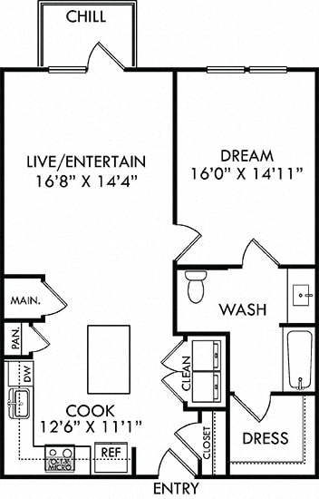 The Heritage. 1 bedroom apartment. Kitchen with island open to living room. 1 full bathroom. Walk-in closet. Patio/balcony.