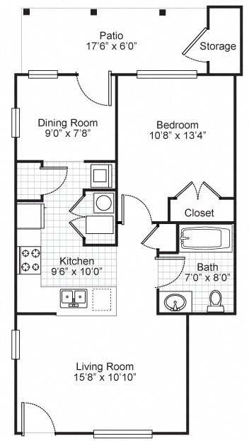 1 Bedroom 1 Bath Terrace 2D Floorplan, Bedford Hill Apartments, Pittsburgh, PA