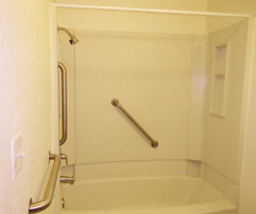 Image of bathtub with grab rales and towel rack