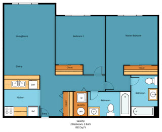 Two Bedroom Two Bath Floor Plan at Excalibur Apartment Homes, Bellevue