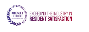 A logo with the text "Kingsley Resident Satisfaction Excellence" and a laurel wreath design.