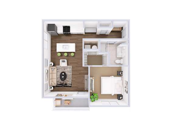 A top-down view of a small apartment with a kitchen, living room, and bathroom.