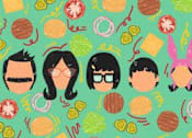 Thumbnail 4 of 4 - A group of cartoon characters are surrounded by various fruits and vegetables.