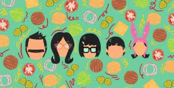 A group of cartoon characters are surrounded by various fruits and vegetables.