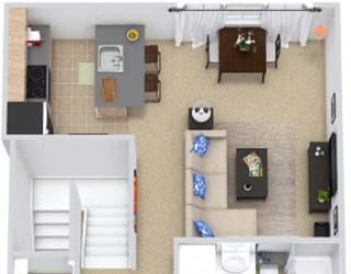 The Alder 3D. 1 bedroom apartment, 1st floor entry. Kitchen with bartop open to living room. 1 full bathroom. closet.