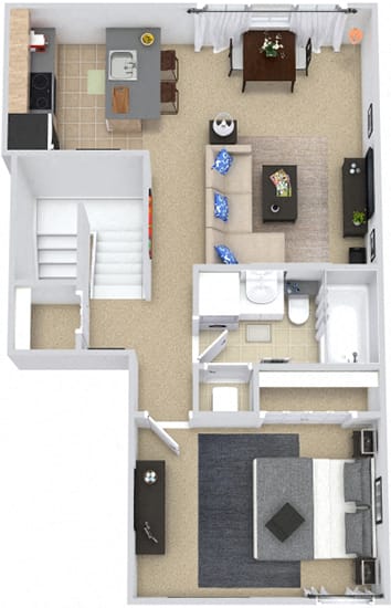 The Alder 3D. 1 bedroom apartment, 1st floor entry. Kitchen with bartop open to living room. 1 full bathroom. closet.