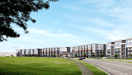 A row of modern apartment buildings are lined up along a tree-lined street.