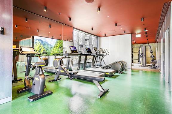 A gym with treadmills, elliptical machines, and other exercise equipment.