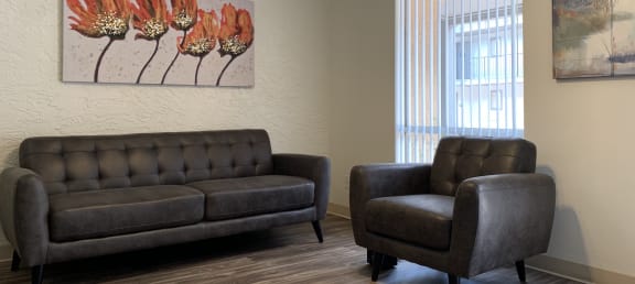 a living room with couches and chairs in a therapy room