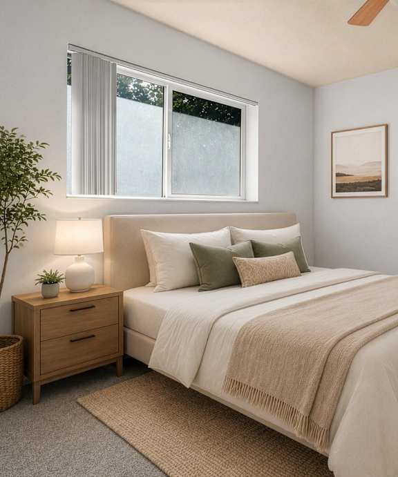 A bedroom with a large bed, a ceiling fan, and a nightstand with a plant on it.