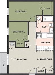  Floor Plan 2-Bedroom, 1-Bath