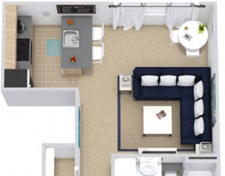Elm. 1 bedroom apartment. Kitchen with bartop open to living room. 1 full bathroom. closet.