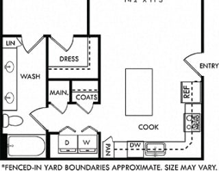 Snow with Fenced-in Yard. 1 bedroom apartment. Kitchen with island open to living room. 1 full bathroom, double vanity. Walk-in closet. Patio/balcony open to yard.