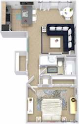 Elm. 1 bedroom apartment. Kitchen with bartop open to living room. 1 full bathroom. closet.
