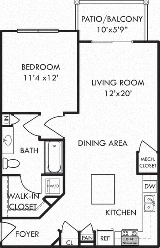 The Heron. 1 bedroom apartment. Kitchen with island open to living/dinning rooms. 1 full bathroom. Walk-in closet. Patio/balcony.