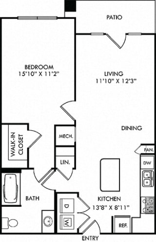 The Jennings. 1 bedroom apartment. Kitchen with island open to living/dinning rooms. 1 full bathroom. Walk-in closet. Patio/balcony.