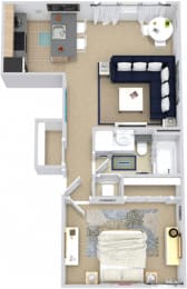Elm. 1 bedroom apartment. Kitchen with bartop open to living room. 1 full bathroom. closet.