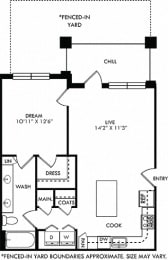 Snow with Fenced-in Yard. 1 bedroom apartment. Kitchen with island open to living room. 1 full bathroom, double vanity. Walk-in closet. Patio/balcony open to yard.