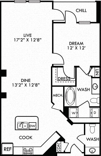 The Jennings. 1 bedroom apartment. Kitchen with island open to living/dinning rooms. 1 full bathroom + 1 half bathroom. Walk-in closet. Patio/balcony.