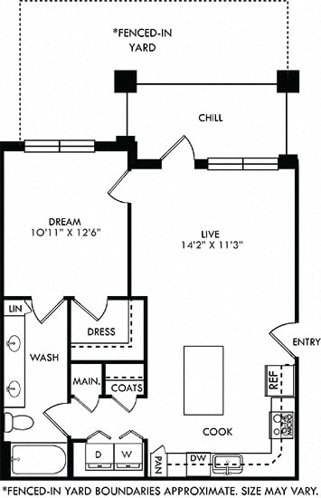 Snow with Fenced-in Yard. 1 bedroom apartment. Kitchen with island open to living room. 1 full bathroom, double vanity. Walk-in closet. Patio/balcony open to yard.