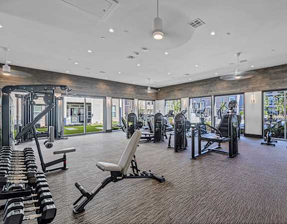A gym with a variety of equipment including treadmills, weights, and exercise machines.