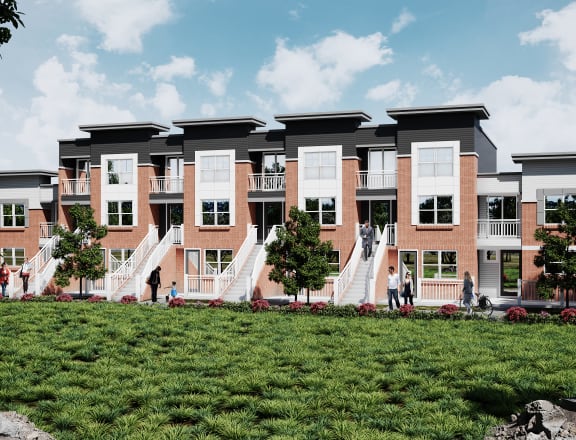 a rendering of a row of apartment buildings with people walking in front of them at Brownstones at Palisade Park, Broomfield, CO