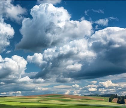 A pastoral scene with a farmhouse and a field of crops under a cloudy sky.