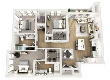A white floor plan of a house with a kitchen, living room, and bedrooms.